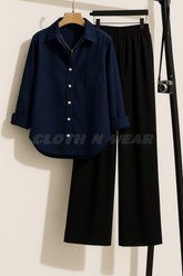 Pair of 2 ( dark blue button down shirt with black flapper trouser)